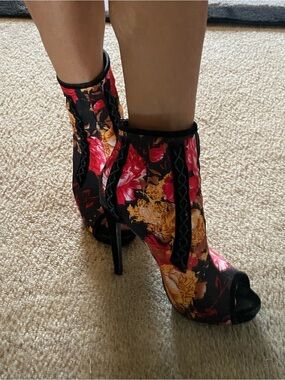Floral Peep-Toe Stiletto Ankle Boots - Black with Pink & Gold Floral
